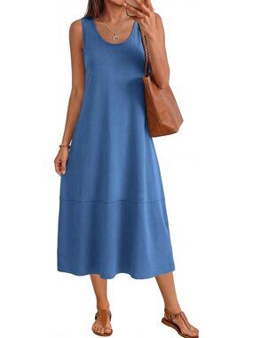 Women's Blue Grey Cotton Midi Sleeveless Dress Trendy Beach Casual Long Sundress